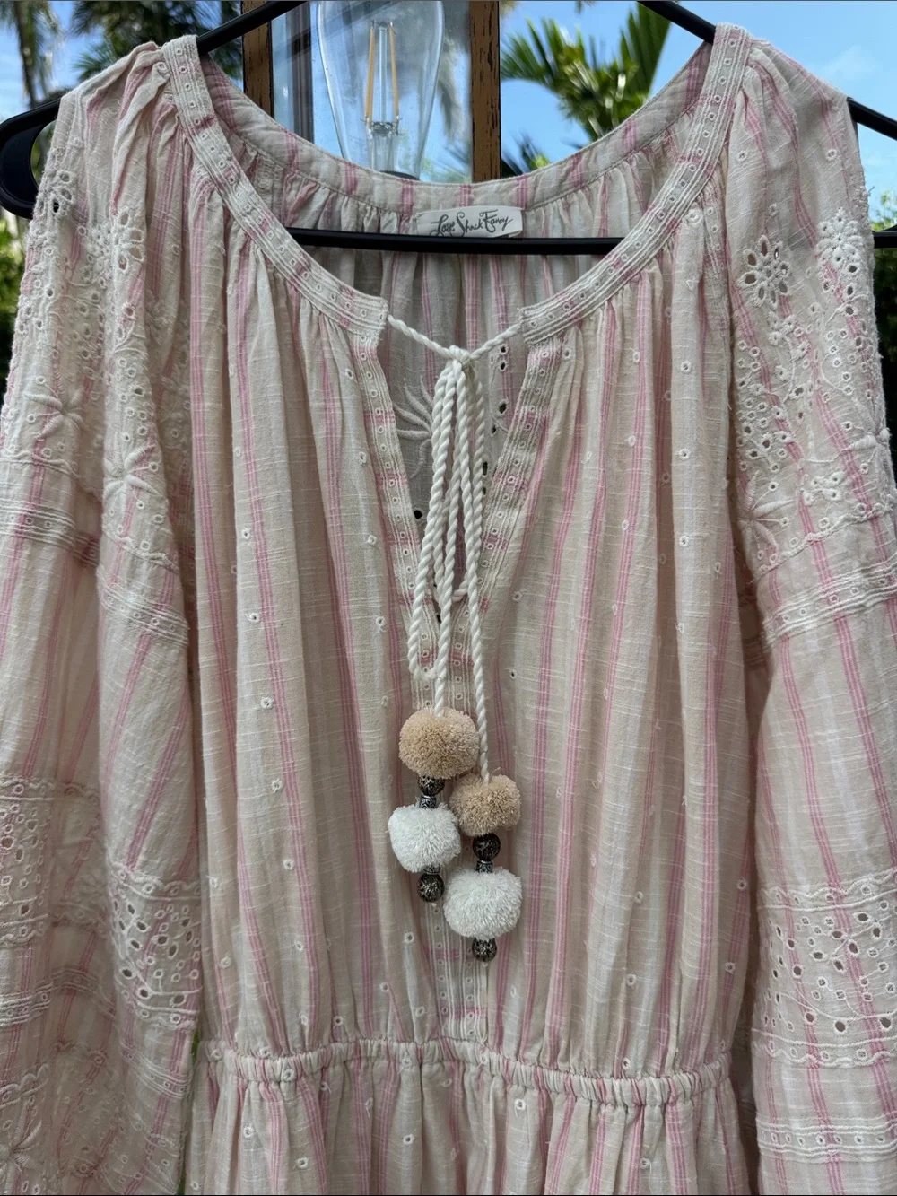 LoveShackFancy Isla Dress Pale Pink Embroidered Midi Pom Pom Tassels Slits Small - Picture 5 of 15
